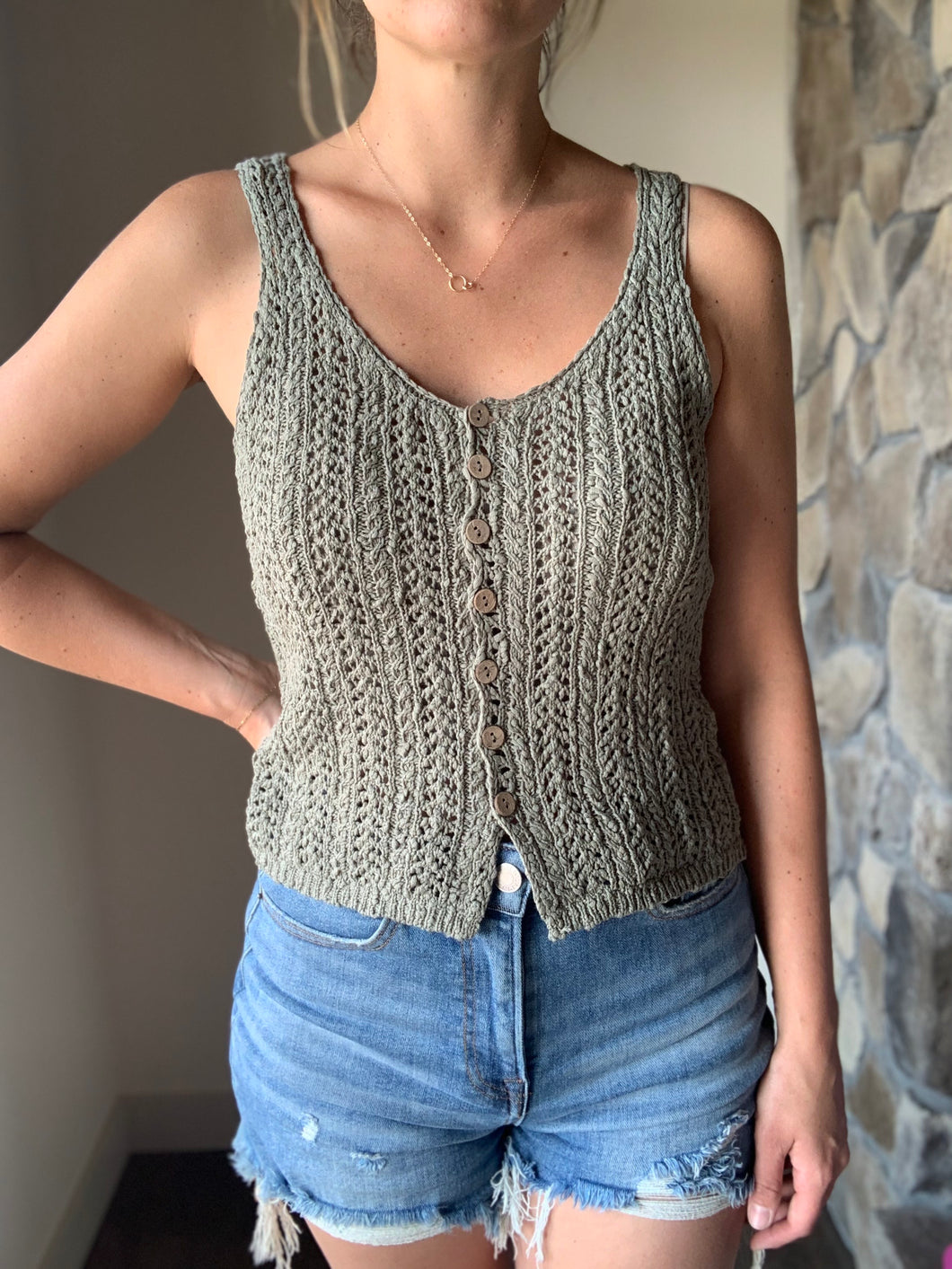 olive knit button down tank