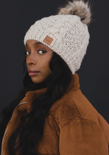 Load image into Gallery viewer, beige cable knit pom beanie