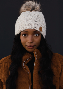 beige cable knit pom beanie