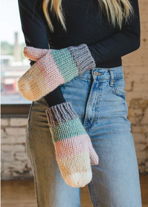 cream striped knit mittens
