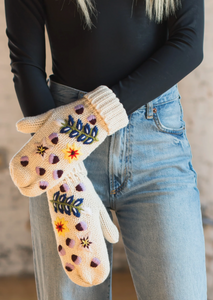 hand-stitched floral beige mittens