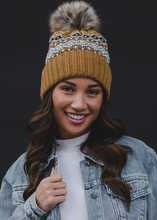 Load image into Gallery viewer, mustard, black, white + blue patterned beanie
