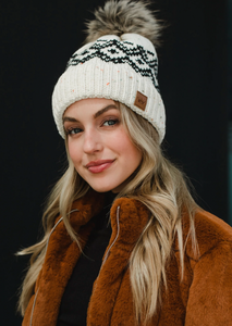 cream + black charcoal speckled patterned beanie