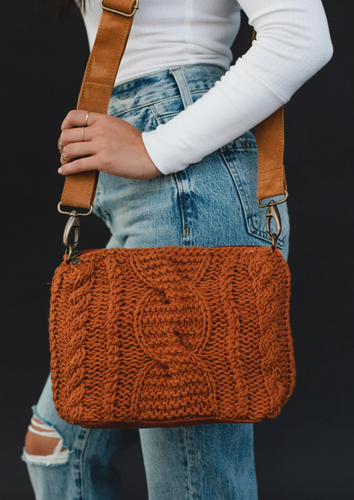 rust cable knit crossbody bag