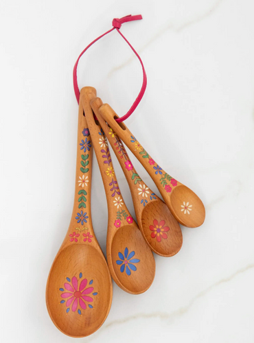 natural life folk flower wooden measuring spoons, set of 4