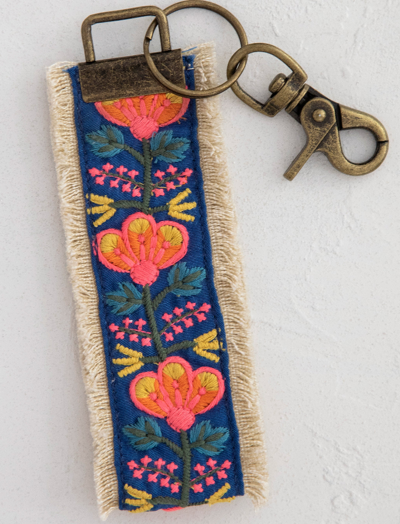 natural life embroidered key chain - indigo pink