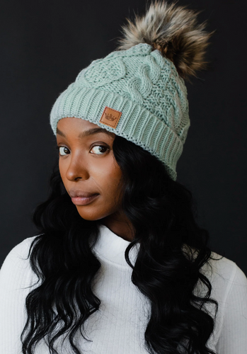 sea glass cable knit pom beanie