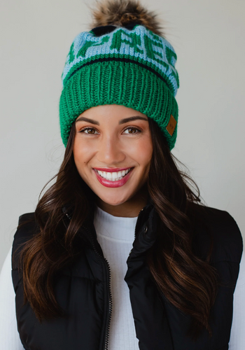 apres green, blue + navy knit pom beanie