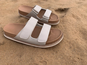 beige double strap slide sandals
