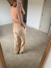 Load image into Gallery viewer, pink, gold + sand striped halter jumpsuit