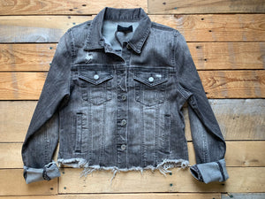 vintage grey washed frayed denim jacket