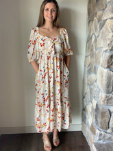 Load image into Gallery viewer, cream satin floral midi dress