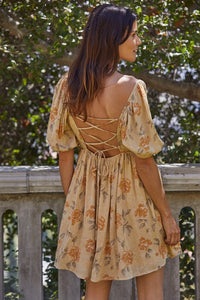 YELLOW FLORAL LACE-UP BACK BABYDOLL DRESS
