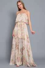 Load image into Gallery viewer, CREAM, PURPLE + GREEN FLORAL STRAPLESS MAXI DRESS