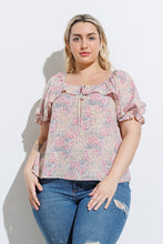 Load image into Gallery viewer, BLUE + PINK FLORAL RUFFLE TIE TOP | 1XL-3XL