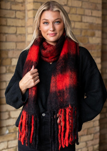 RED+BLACK BUFFALO PLAID OBLONG SCARF WITH FRINGE | PICK UP ONLY