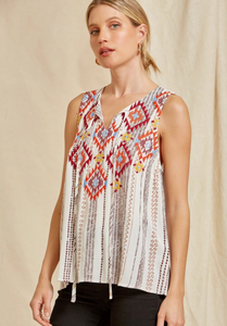 SOUTHWEST EMBROIDERED TANK TOP WITH TIE NECKLINE | S-3XL