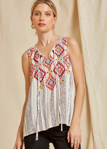 SOUTHWEST EMBROIDERED TANK TOP WITH TIE NECKLINE | S-3XL