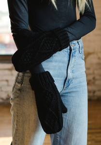 black knit fleece-lined mittens