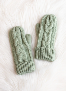 sage green knit fleece-lined mittens