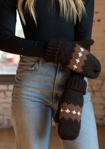 dark brown printed fleece-lined mittens
