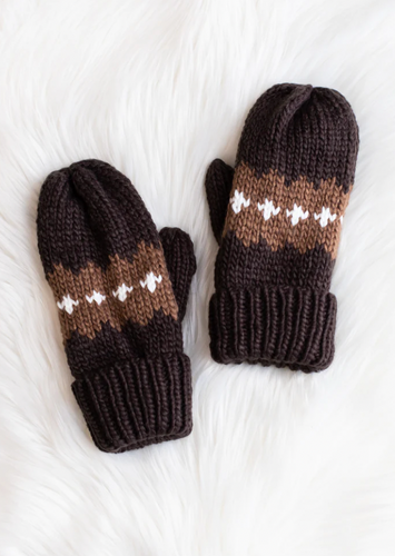 dark brown printed fleece-lined mittens