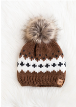 Load image into Gallery viewer, brown+white printed fleece-lined pom beanie