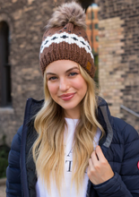 Load image into Gallery viewer, brown+white printed fleece-lined pom beanie