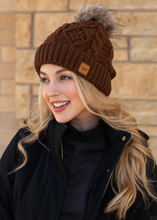 Load image into Gallery viewer, brown cable knit pom beanie