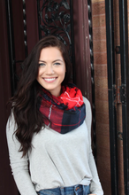 Load image into Gallery viewer, red, navy, black + ivory plaid scarf