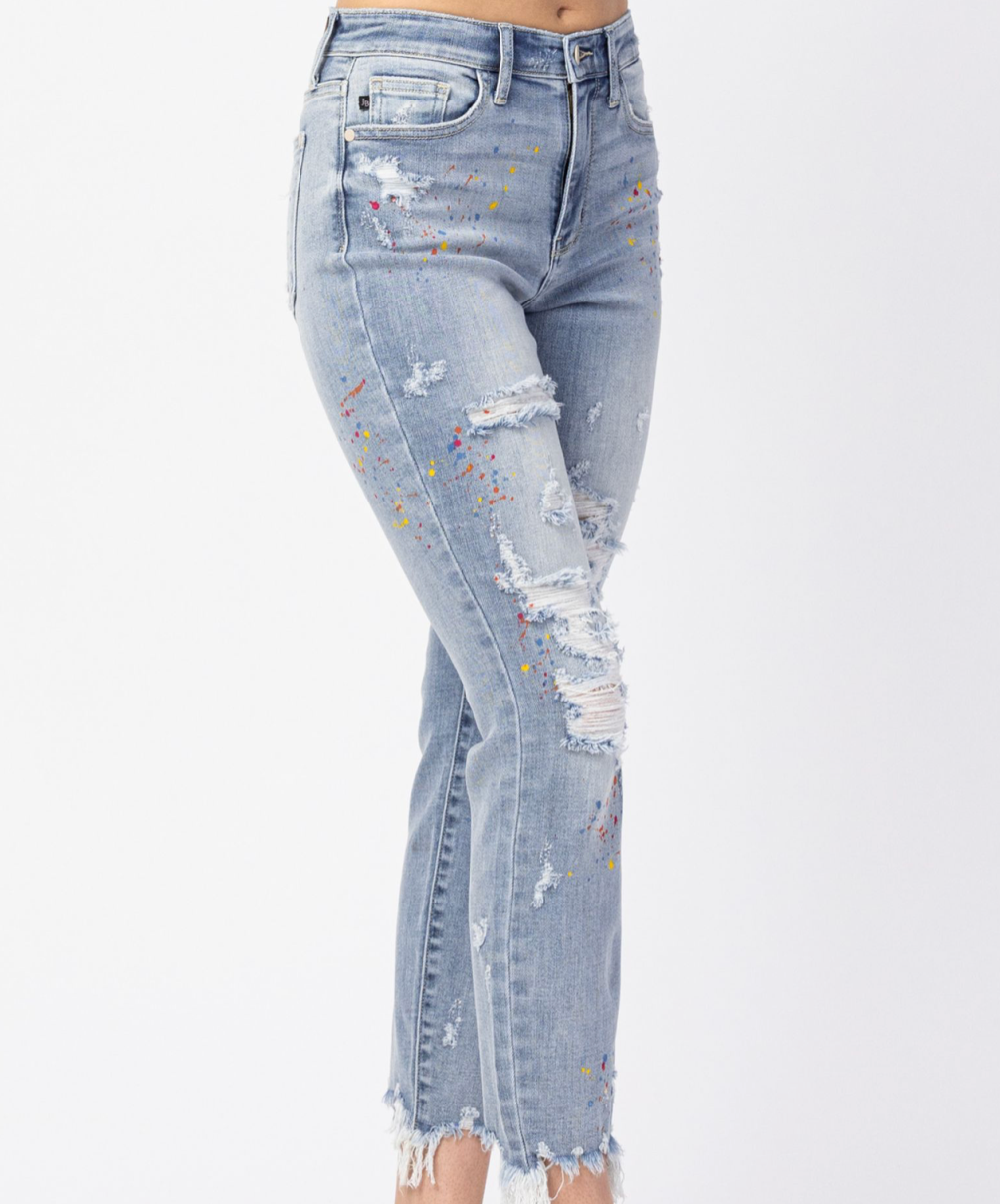 judy blue high waist destroyed paint splatter boyfriend jeans | size 1-20