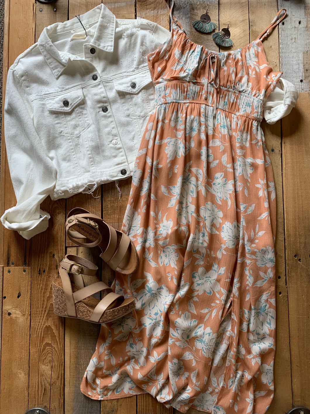 apricot + white floral midi dress