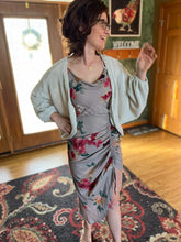 Load image into Gallery viewer, GREY FLORAL RUCHED ASYMMETRICAL DRESS