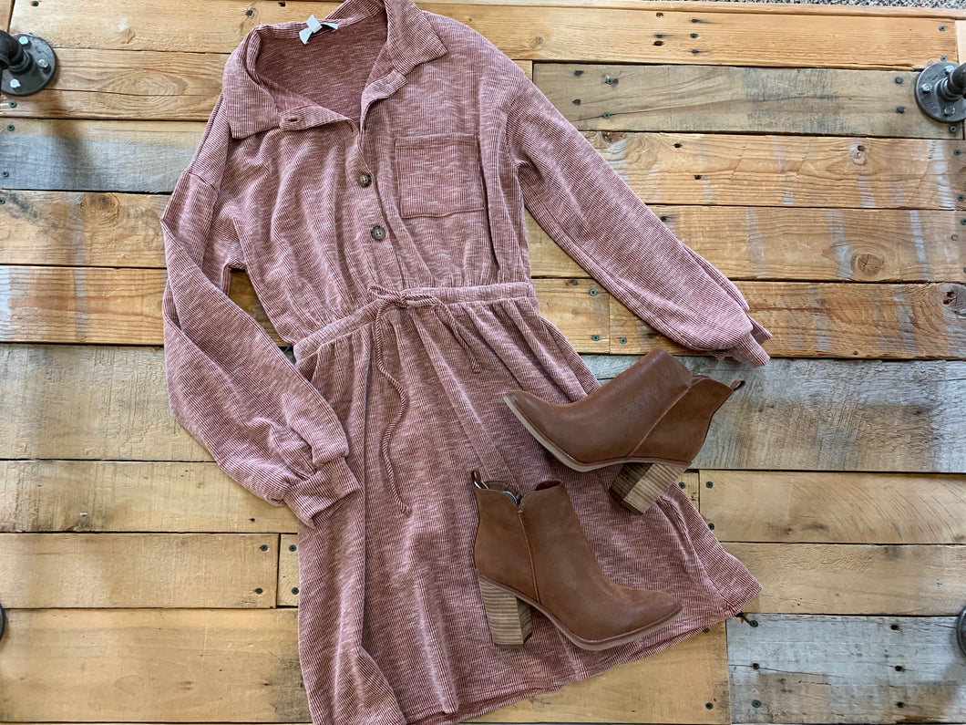 rust button down ribbed dress