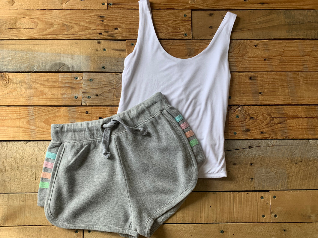 retro grey neon stripe fleece shorts