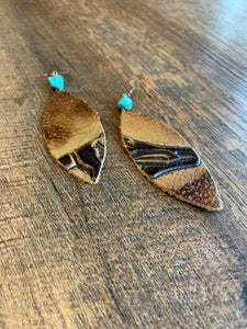 steer leather earrings with turquoise accent