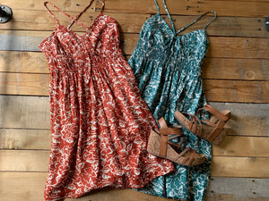 floral mini sundress | rust + teal