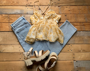 mustard floral delicate tank with cross-cross back