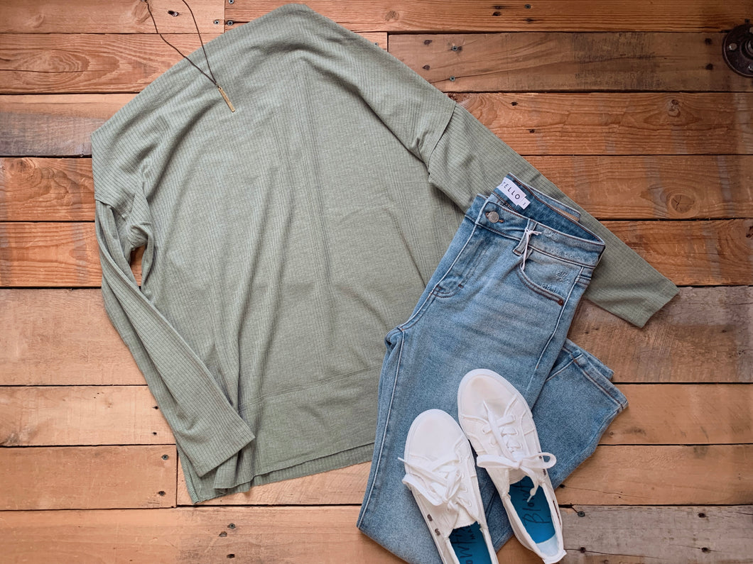 soft sage ribbed off shoulder top