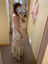 Load image into Gallery viewer, CREAM, PURPLE + GREEN FLORAL STRAPLESS MAXI DRESS