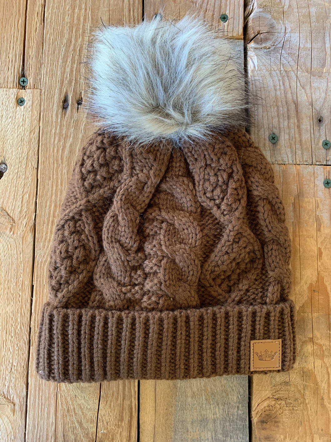 brown cable knit pom beanie