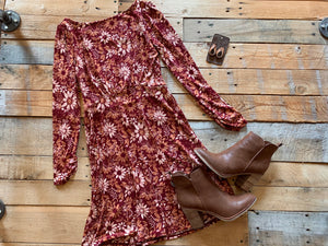 brick sunflower print long sleeve dress | s-3xl